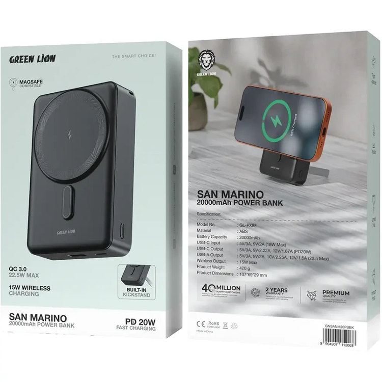 پاوربانک گرین لاین San Marino ظرفیت 20000mAh با شارژ سریع 20W