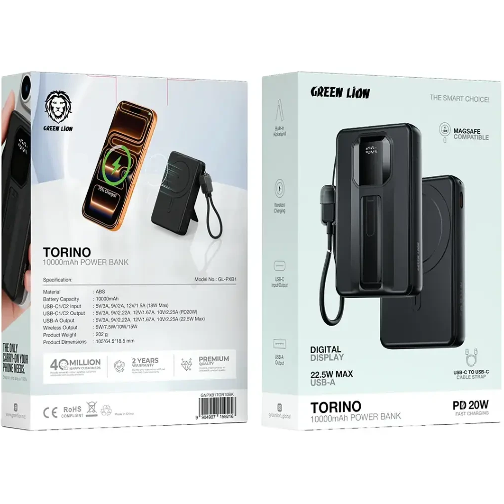 پاوربانک گرین لاین مدل TORINO ظرفیت 10000 میلی‌آمپر ساعت با شارژ بی‌سیم MagSafe و توان 20 وات