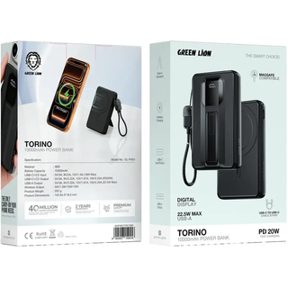 پاوربانک گرین لاین مدل TORINO ظرفیت 10000 میلیآمپر ساعت با شارژ بیسیم MagSafe و توان 20 وات