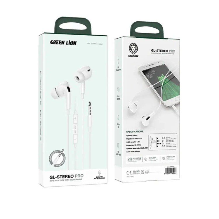 هندزفری سیمی گرین لاین GL-Stereo Pro دارای میکروفون و کنترل تماس (سفید و مشکی)