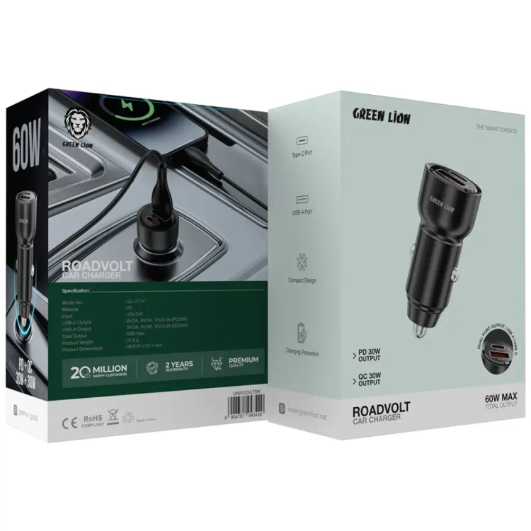شارژر فندکی گرین لاین RoadVolt دو پورت 60 وات (PD + QC)