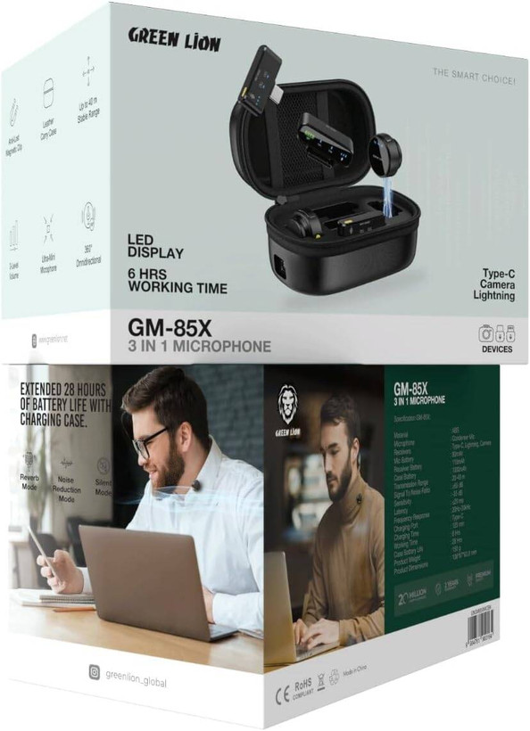 میکروفون بیسیم یقهای گرین لاین GM-85x دوکاره با قابلیت اتصال به موبایل و دوربین