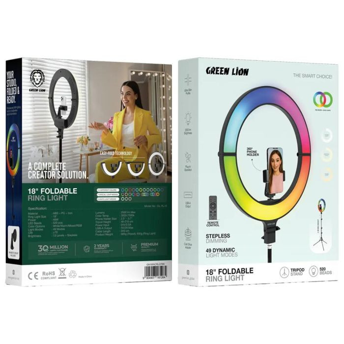چراغ حلقهای گرین لاین ۱۸ اینچی تاشو با نور RGB و سهپایه بلند
