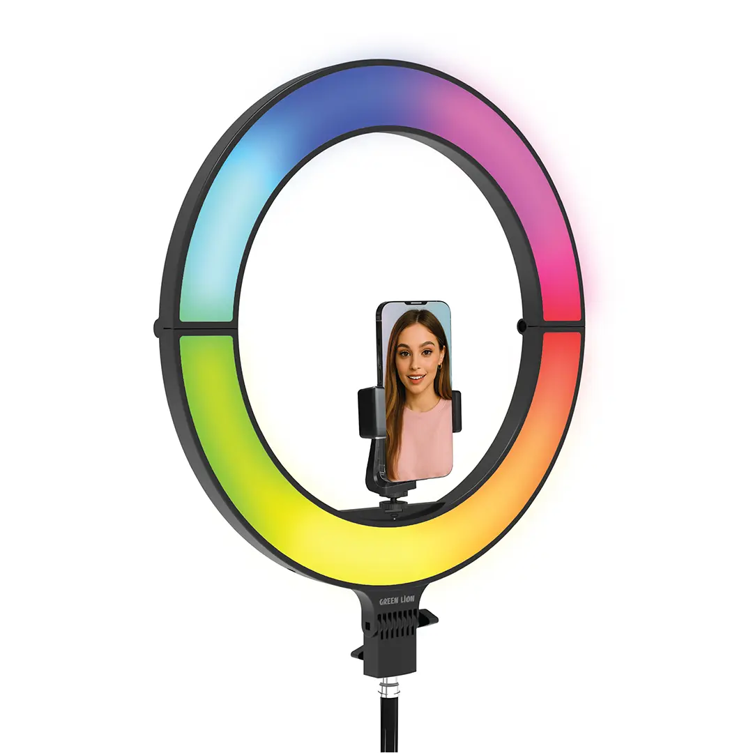 چراغ حلقه‌ای گرین لاین ۱۸ اینچی تاشو با نور RGB و سه‌پایه بلند