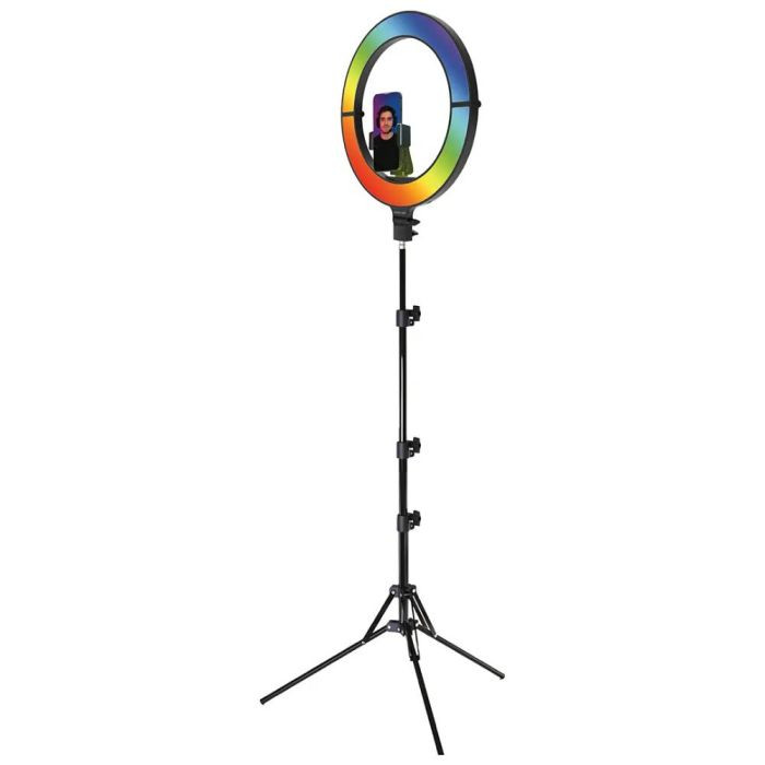 چراغ حلقهای گرین لاین ۱۸ اینچی تاشو با نور RGB و سهپایه بلند