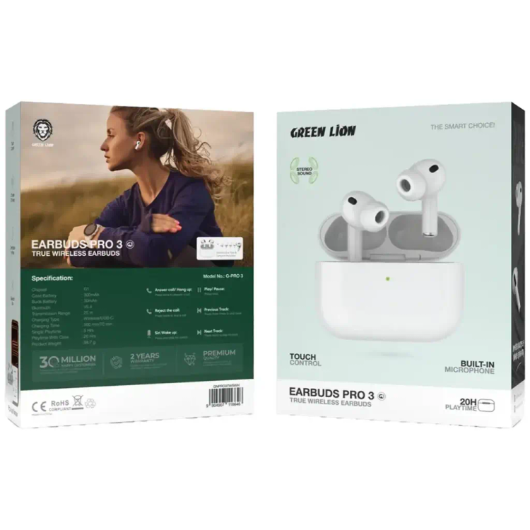 هندزفری بیسیم گرین لاین مدل Earbuds Pro 3 با شارژ وایرلس و کنترل لمسی